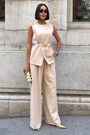 Beige Elegant Formal Set With Wide Leg Palazzo Pants - Brand: Sobe Istanbul - Women & Kids, Baby Clothes Wholesale - Globality Store