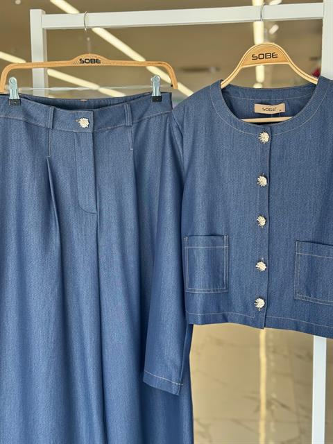 Blue Elegant Set With Patch Pocket And Palazzo Pants