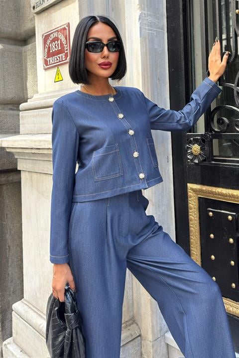 Blue Elegant Set With Patch Pocket And Palazzo Pants