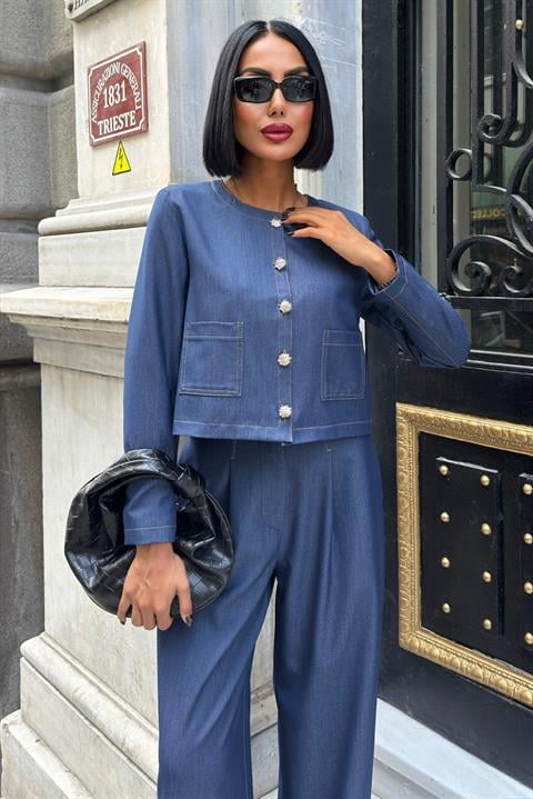 Blue Elegant Set With Patch Pocket And Palazzo Pants
