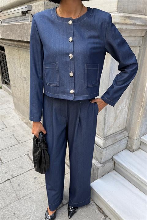 Blue Elegant Set With Patch Pocket And Palazzo Pants