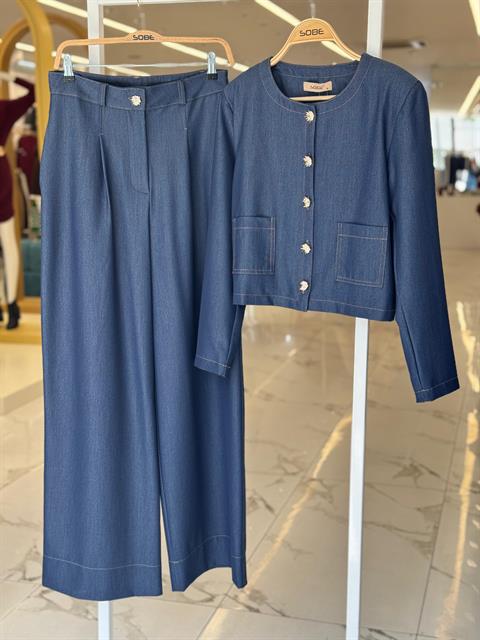 Blue Elegant Set With Patch Pocket And Palazzo Pants