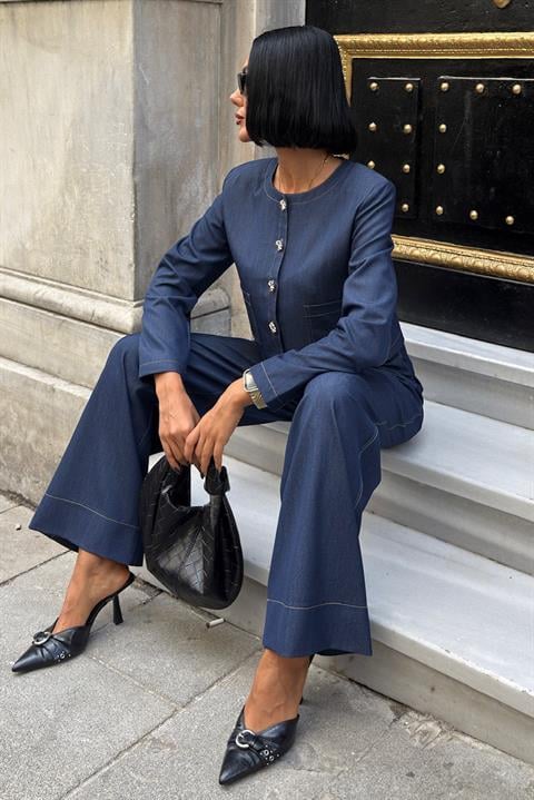 Blue Elegant Set With Patch Pocket And Palazzo Pants
