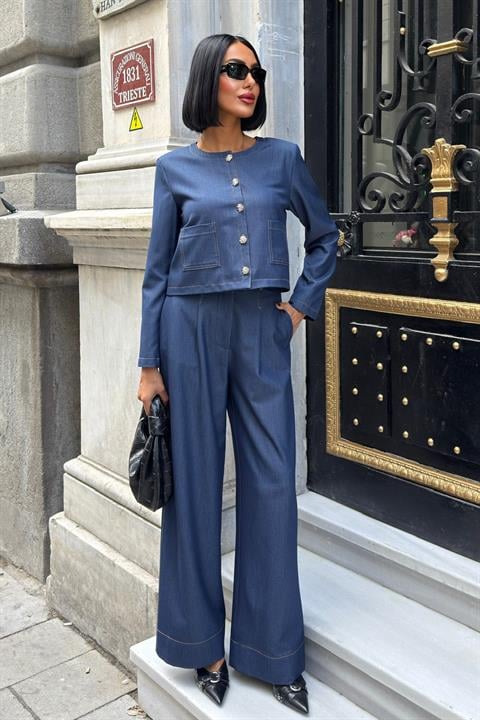 Blue Elegant Set With Patch Pocket And Palazzo Pants