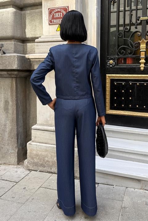 Blue Elegant Set With Patch Pocket And Palazzo Pants