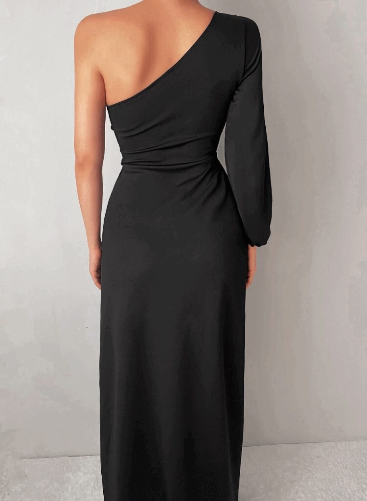 One Shoulder Open Deep Slit Crepe Full Length Dress