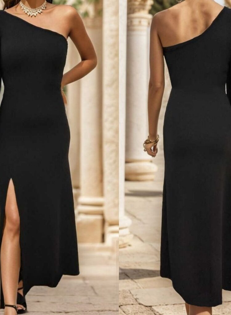 One Shoulder Open Deep Slit Crepe Full Length Dress