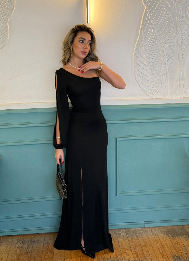One Shoulder Open Deep Slit Crepe Full Length Dress