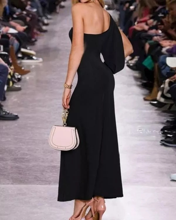 One Shoulder Open Deep Slit Crepe Full Length Dress