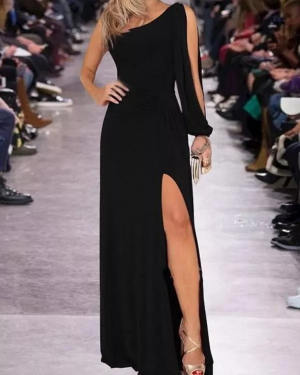 One Shoulder Open Deep Slit Crepe Full Length Dress