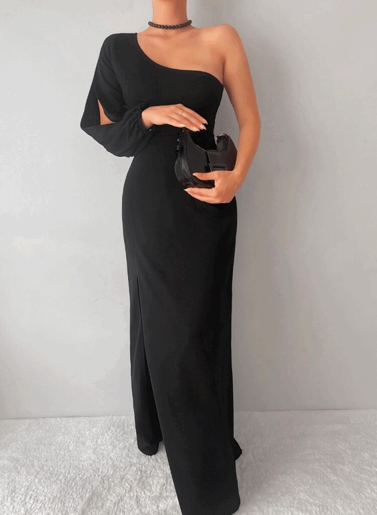 One Shoulder Open Deep Slit Crepe Full Length Dress