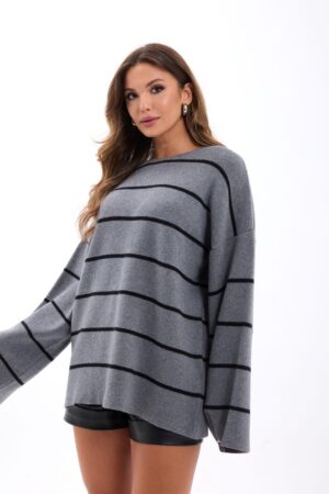 Oversized Fit Striped Sweater With Boat Neck - Brand: Fame - Women & Kids, Baby Clothes Wholesale - Globality Store