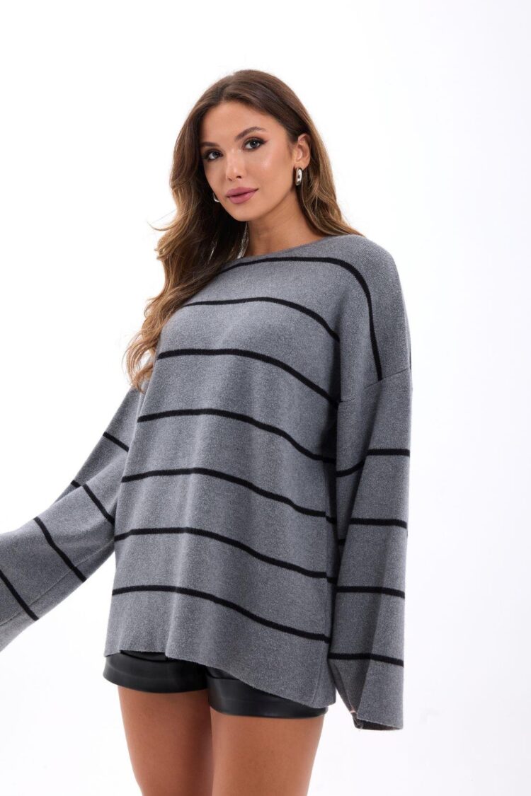 Oversized Fit Striped Sweater With Boat Neck - Brand: Fame - Women & Kids, Baby Clothes Wholesale - Globality Store