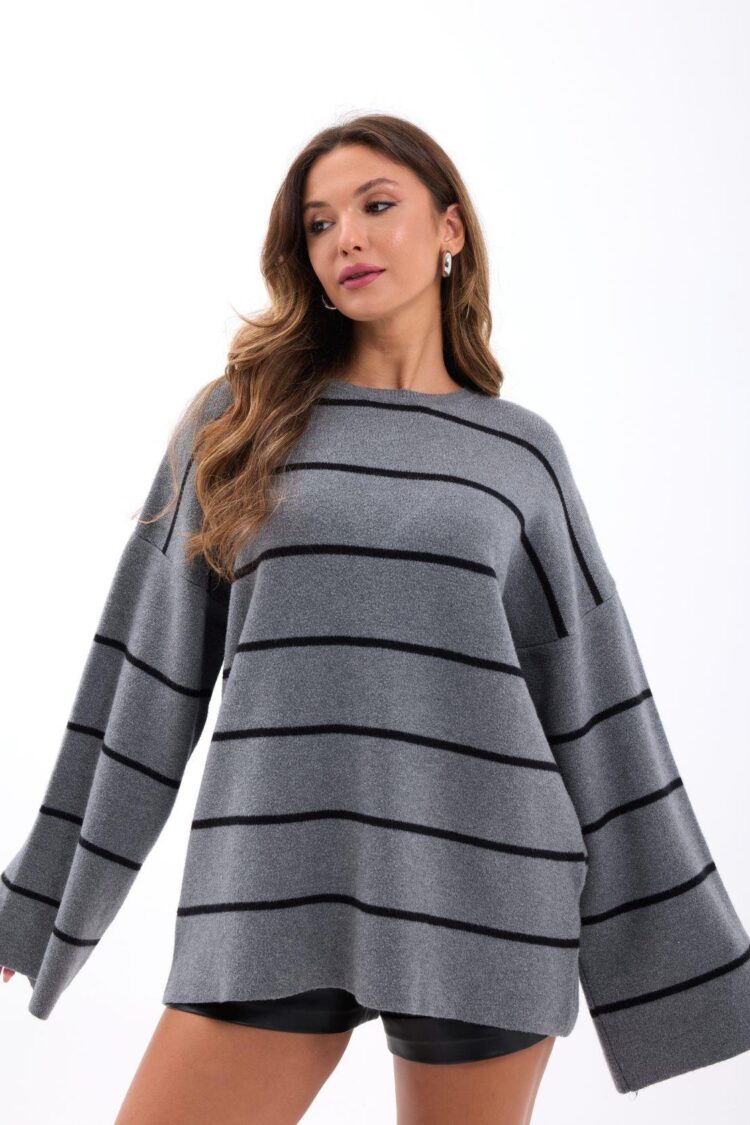 Oversized Fit Striped Sweater With Boat Neck
