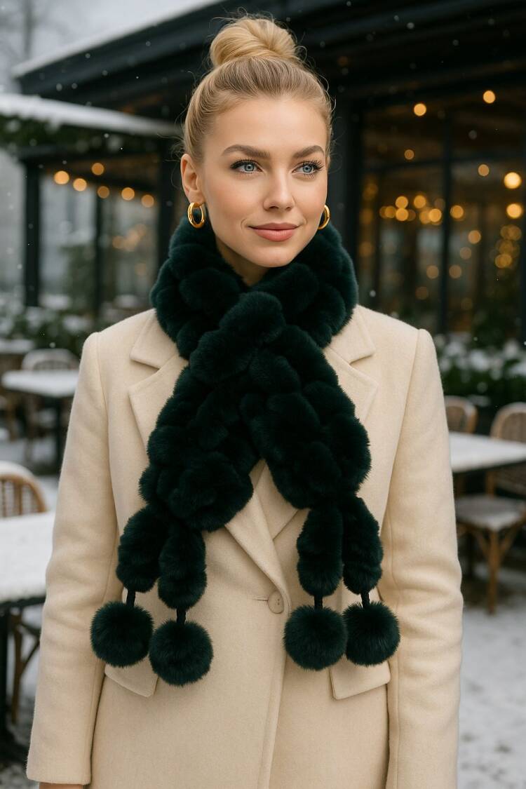 Plush Pompom Wrap Scarf - Black
