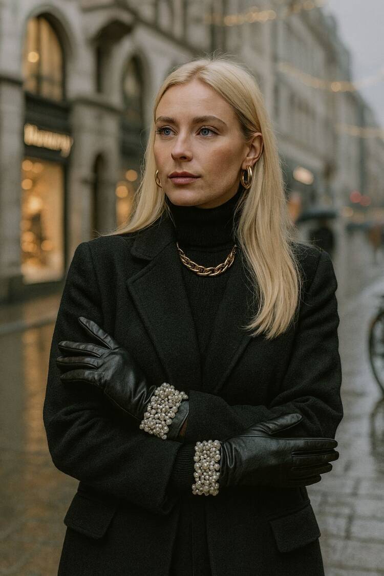 Ankle Pearl Leather Gloves - Black