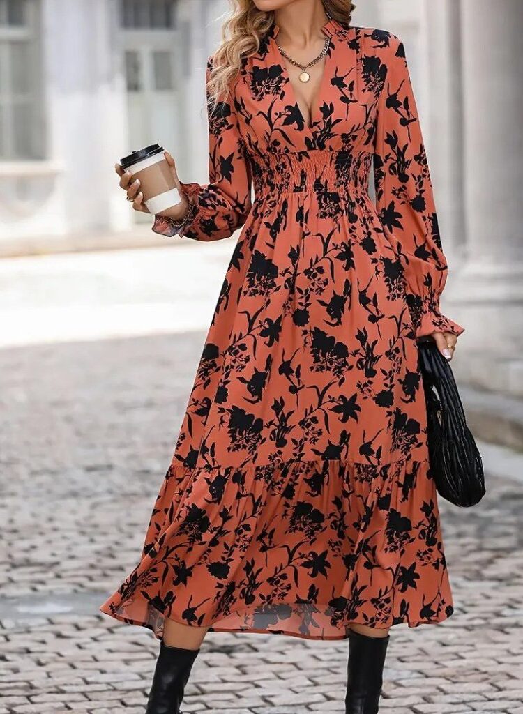 Orange Boho Wrap Dress With Floral Pattern