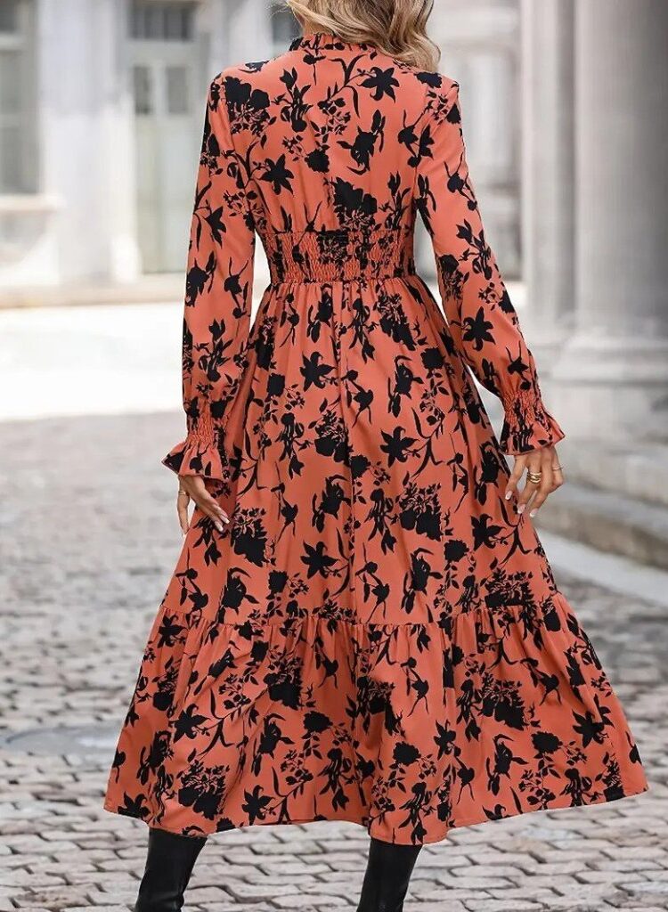 Orange Boho Wrap Dress With Floral Pattern