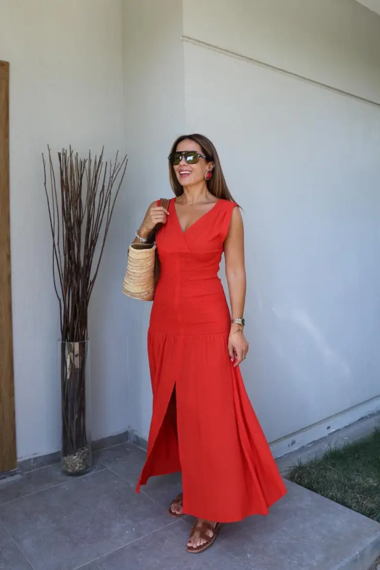 Maxi Fit And Flare Dress With V-Neck