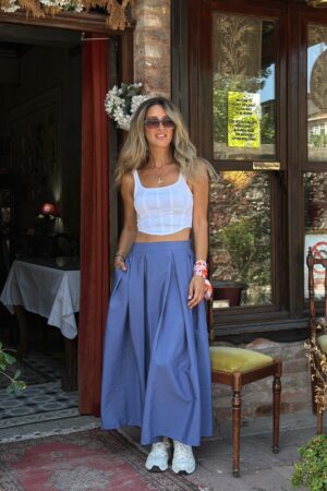 Blue Pleated Maxi Skirt With Slant Pockets - Brand: Cream Rouge - Women & Kids, Baby Clothes Wholesale - Globality Store