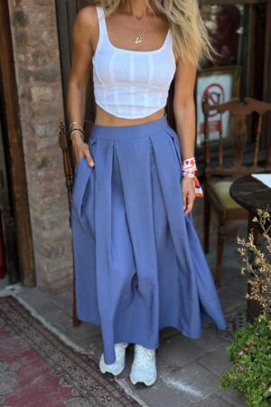Blue Pleated Maxi Skirt With Slant Pockets - Brand: Cream Rouge - Women & Kids, Baby Clothes Wholesale - Globality Store