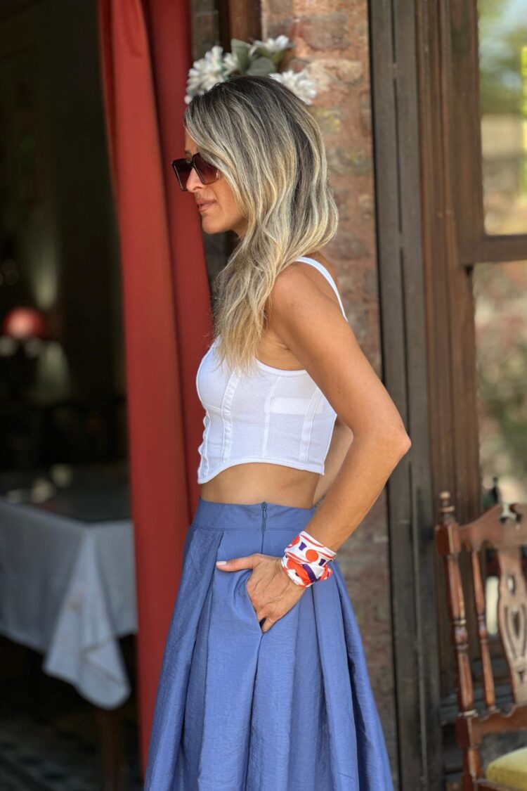 Blue Pleated Maxi Skirt With Slant Pockets
