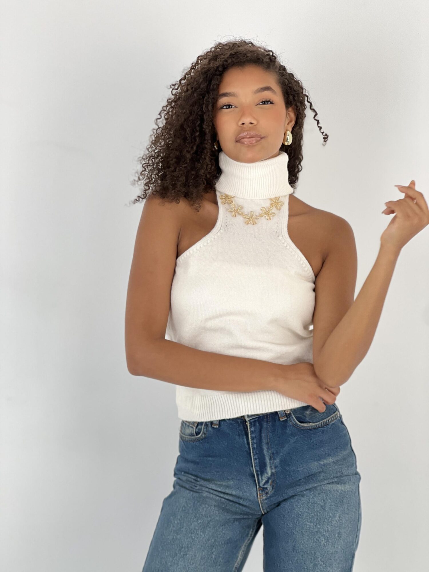 White Slim Fit High Neck Sleeveless Blouse - Brand: MISS POEM - Women & Kids, Baby Clothes Wholesale - Globality Store