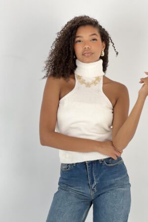 White Slim Fit High Neck Sleeveless Blouse - Brand: MISS POEM - Women & Kids, Baby Clothes Wholesale - Globality Store