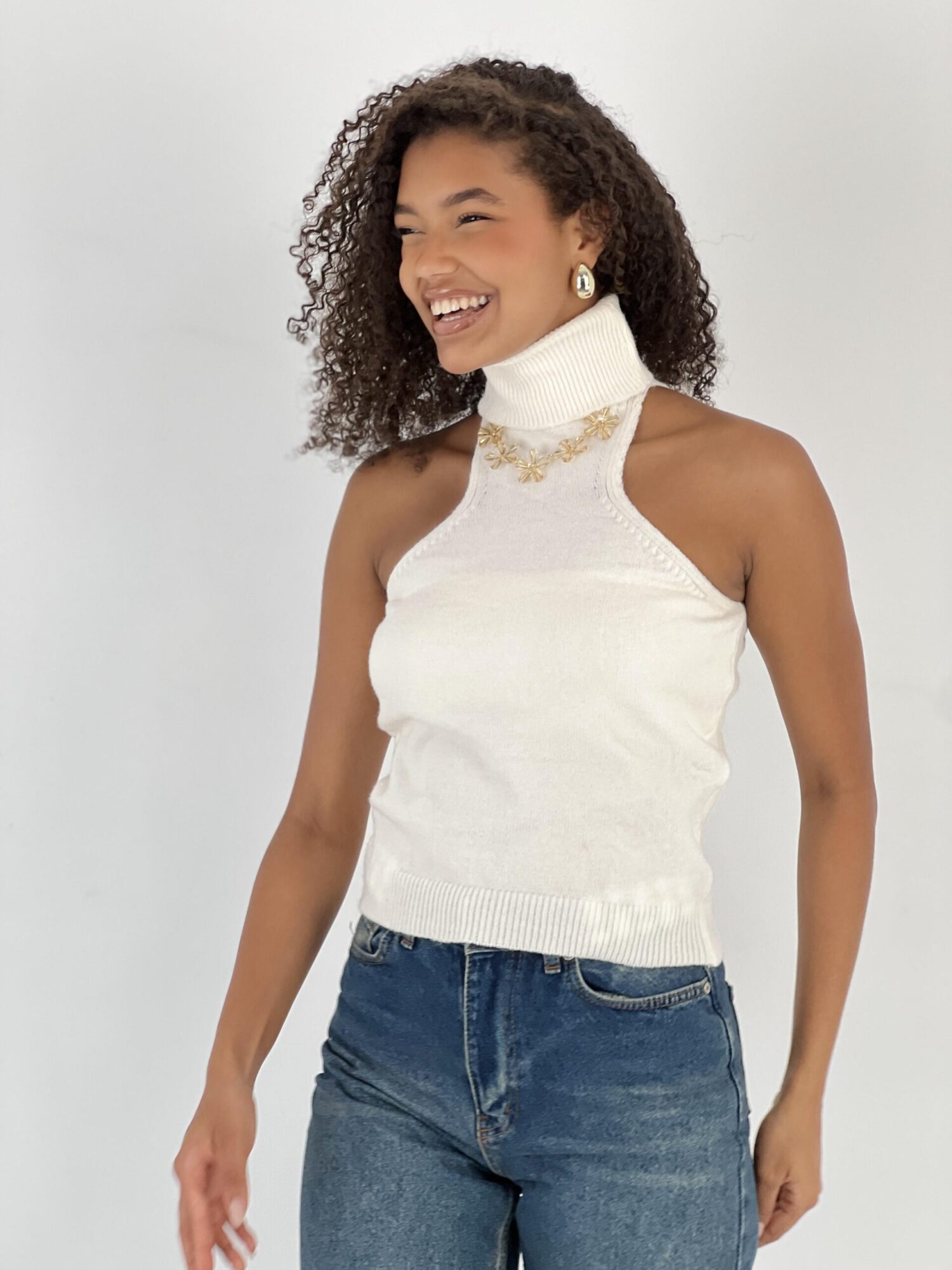 White Slim Fit High Neck Sleeveless Blouse - Brand: MISS POEM - Women & Kids, Baby Clothes Wholesale - Globality Store