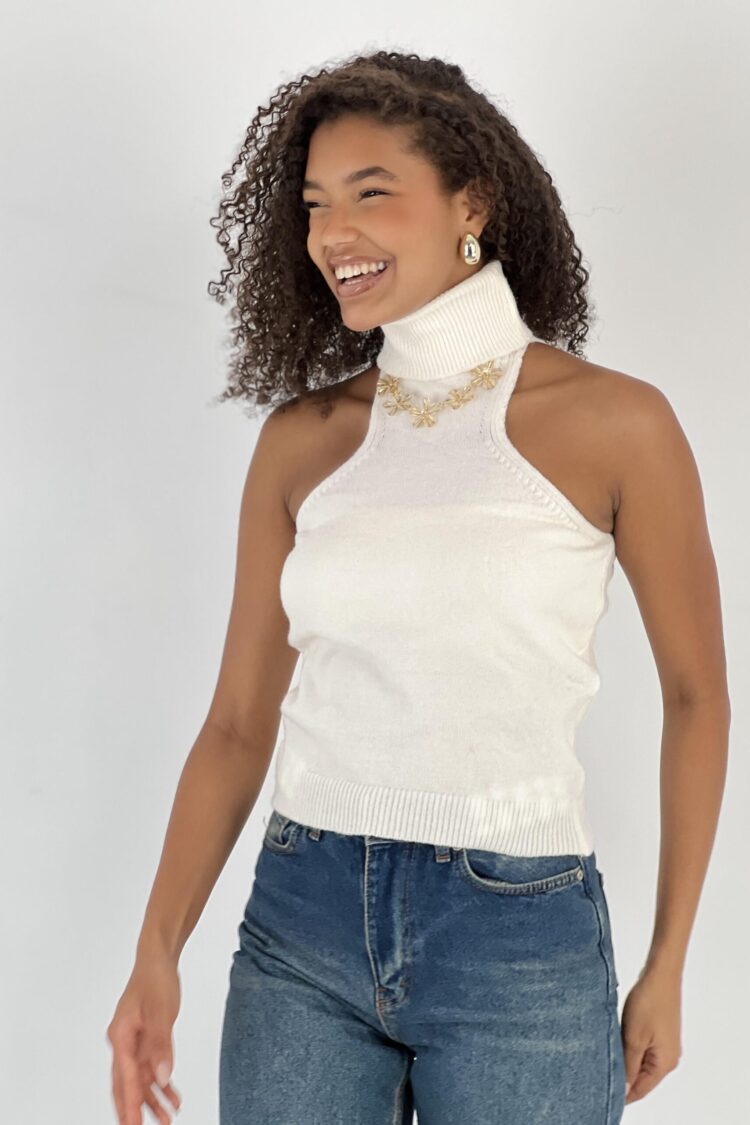 White Slim Fit High Neck Sleeveless Blouse