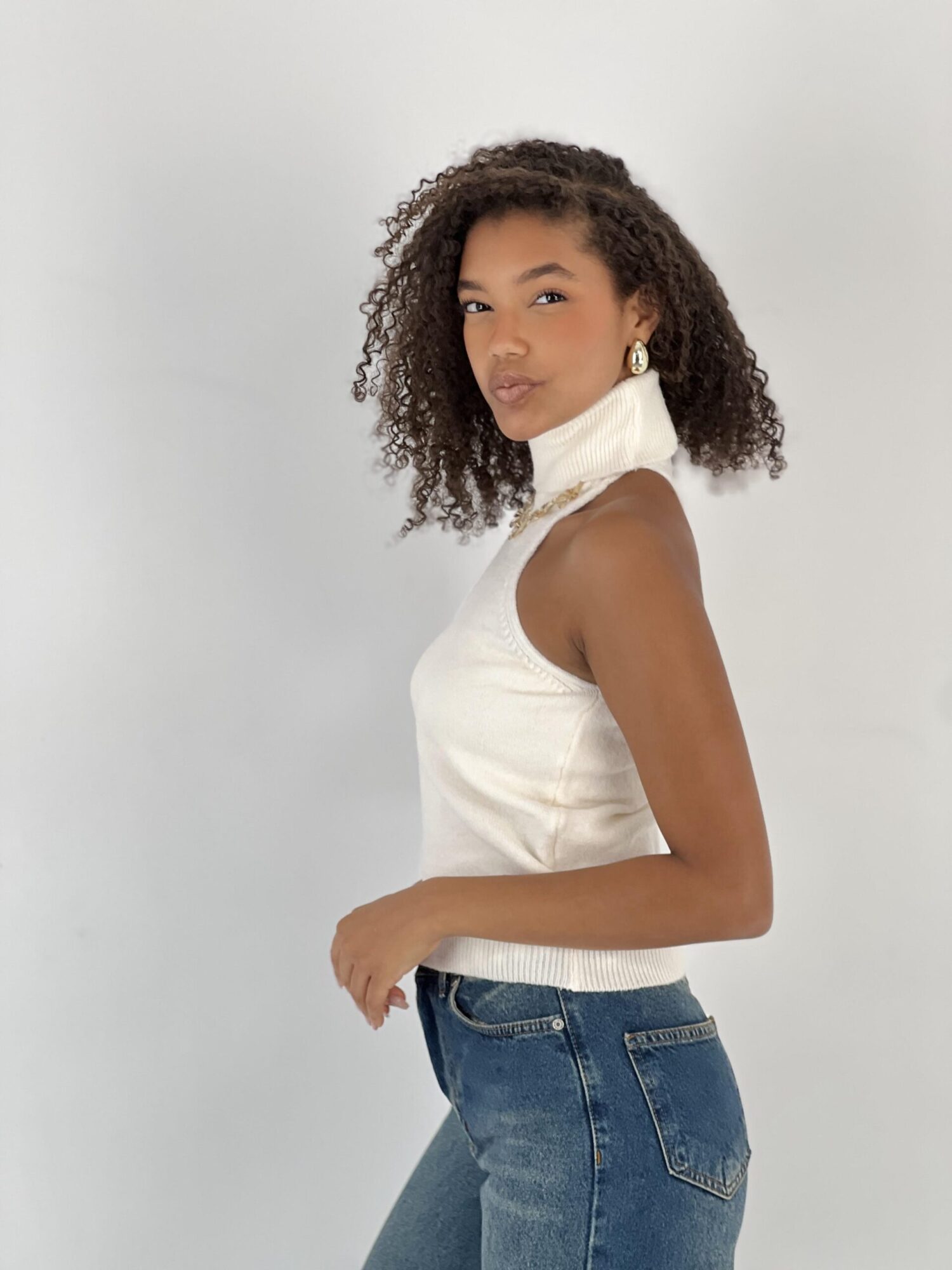 White Slim Fit High Neck Sleeveless Blouse - Brand: MISS POEM - Women & Kids, Baby Clothes Wholesale - Globality Store