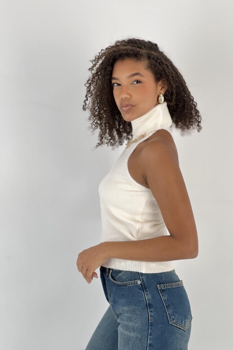 White Slim Fit High Neck Sleeveless Blouse