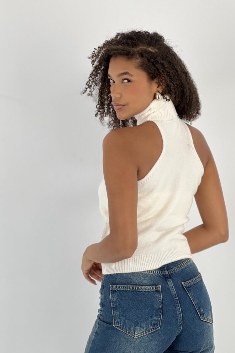 White Slim Fit High Neck Sleeveless Blouse