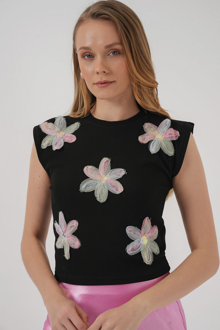 Black Floral Slim Fit Cap Sleeve Blouse