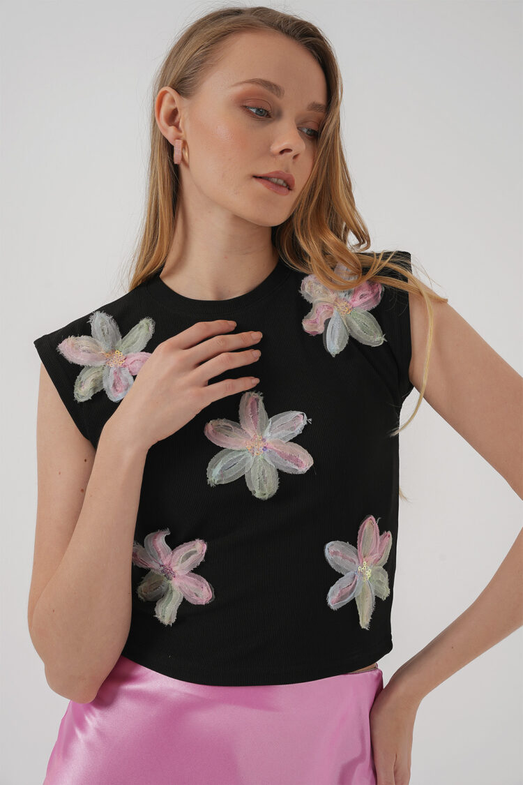 Black Floral Slim Fit Cap Sleeve Blouse
