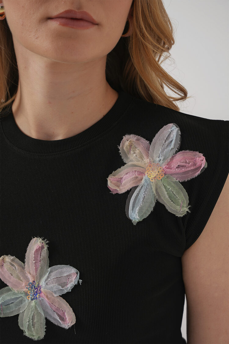 Black Floral Slim Fit Cap Sleeve Blouse
