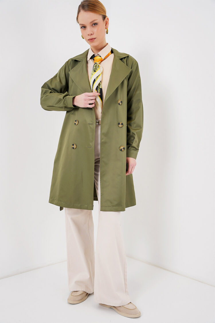 Green Trenchcoat Double-Breasted Buttoned Classic
