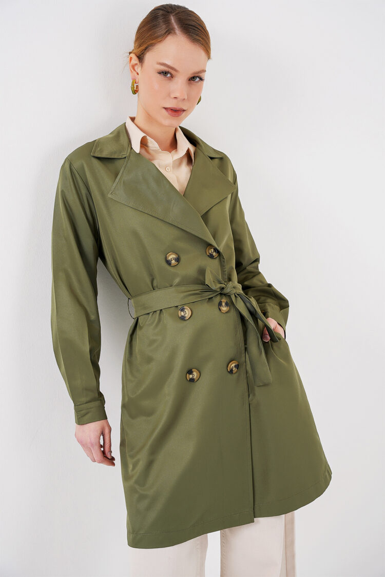 Green Trenchcoat Double-Breasted Buttoned Classic