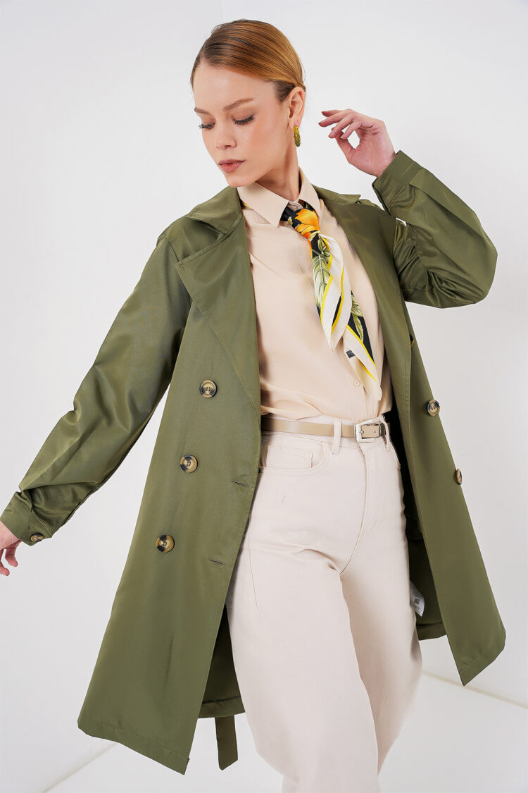 Green Trenchcoat Double-Breasted Buttoned Classic