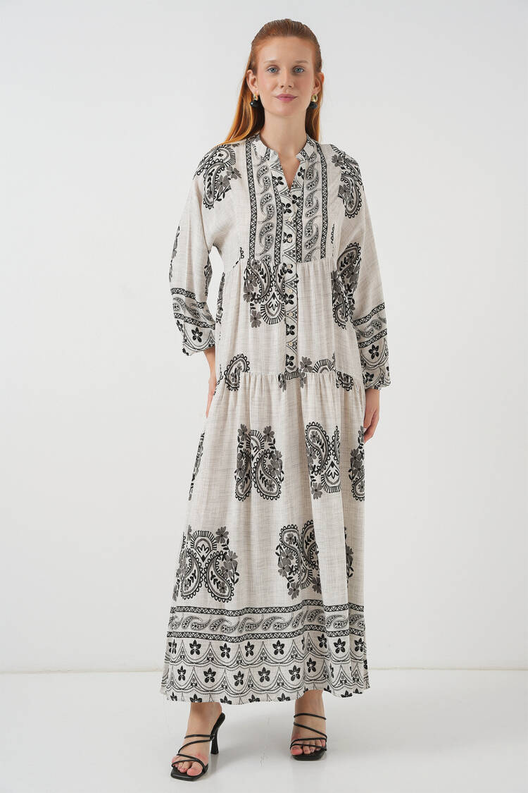 Beige Smock Dress With Grandad Neck And Paisley Pattern - Brand: Bigdart - Women & Kids, Baby Clothes Wholesale - Globality Store