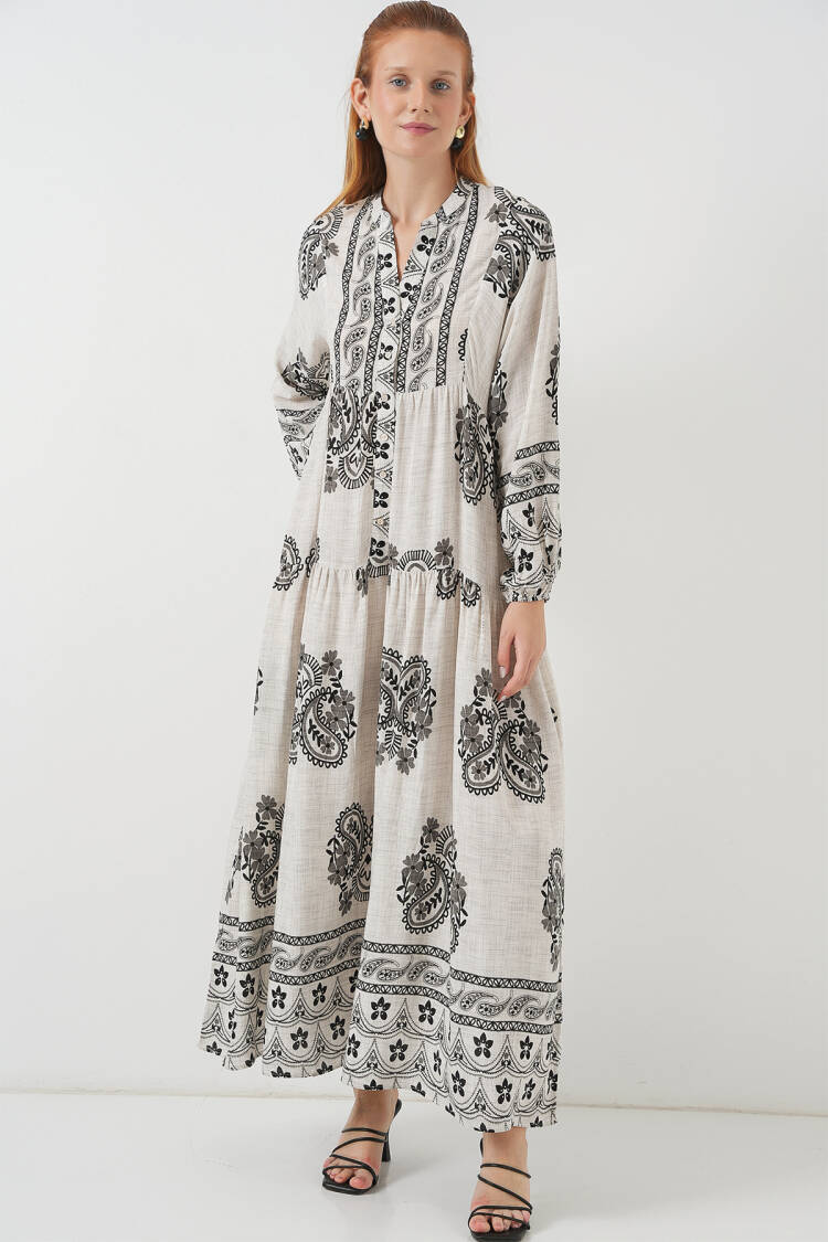 Beige Smock Dress With Grandad Neck And Paisley Pattern