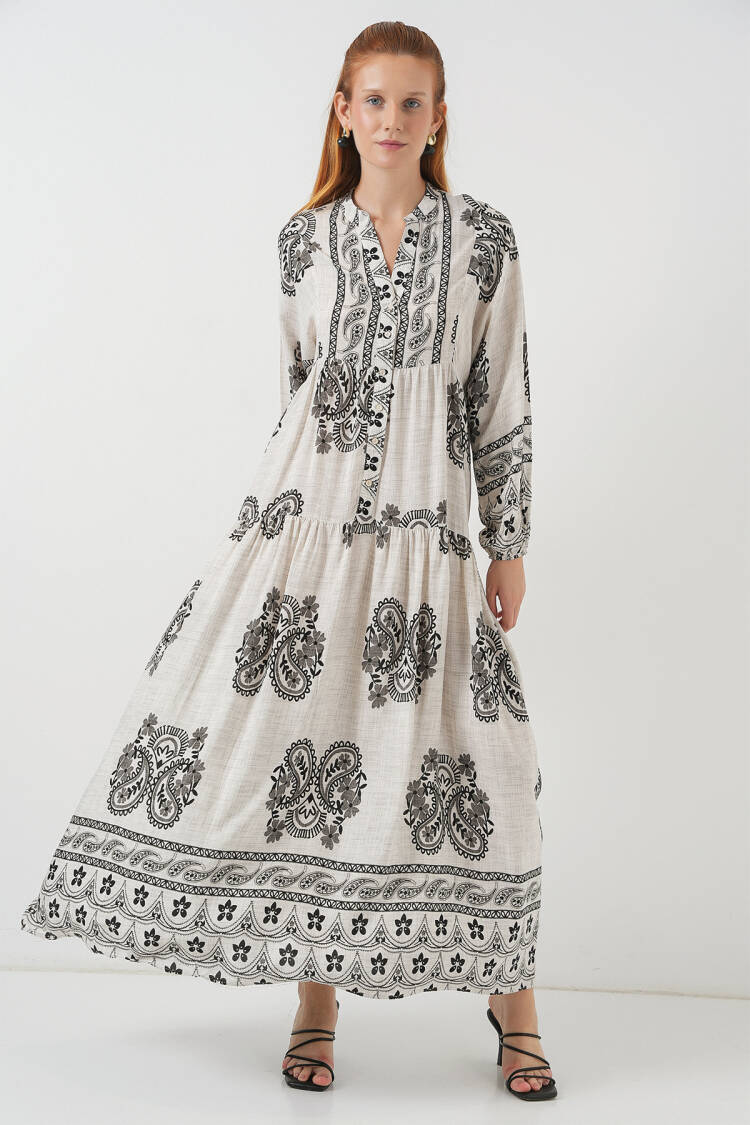 Beige Smock Dress With Grandad Neck And Paisley Pattern
