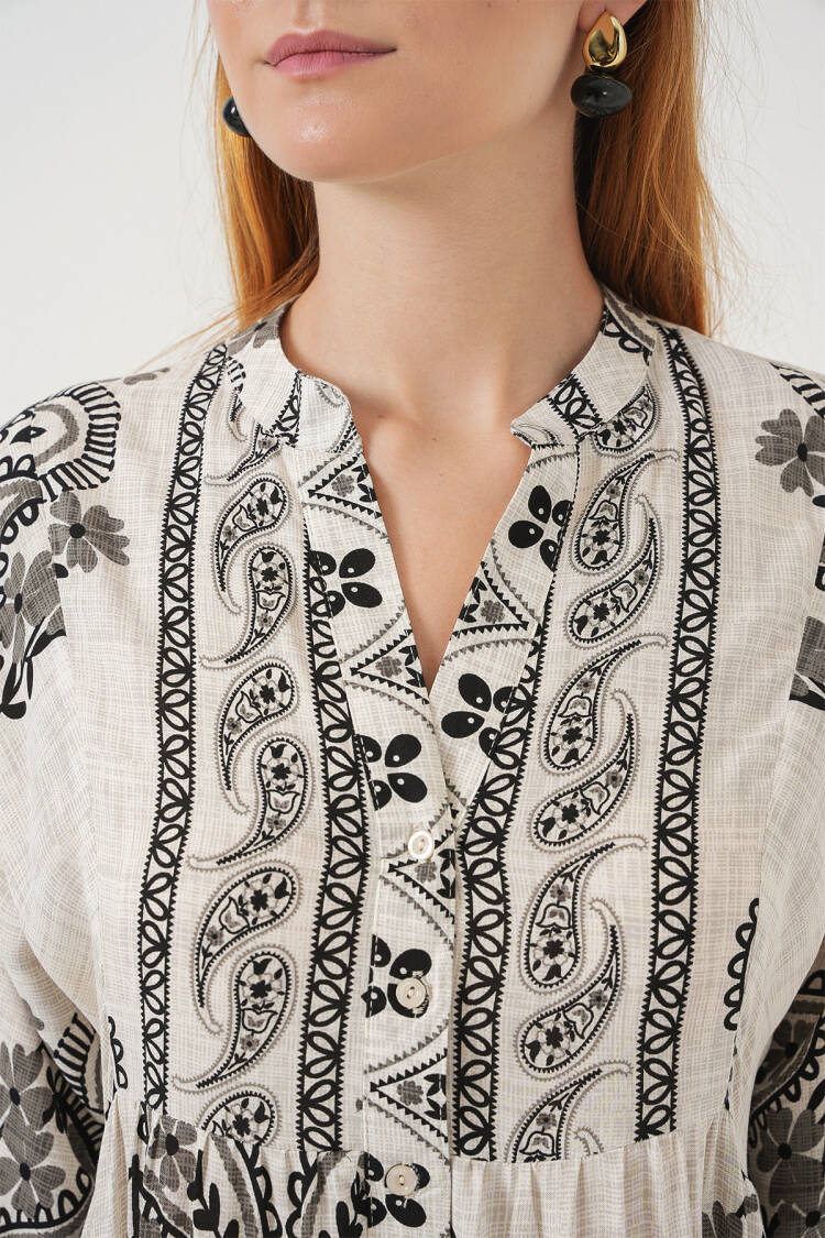 Beige Smock Dress With Grandad Neck And Paisley Pattern