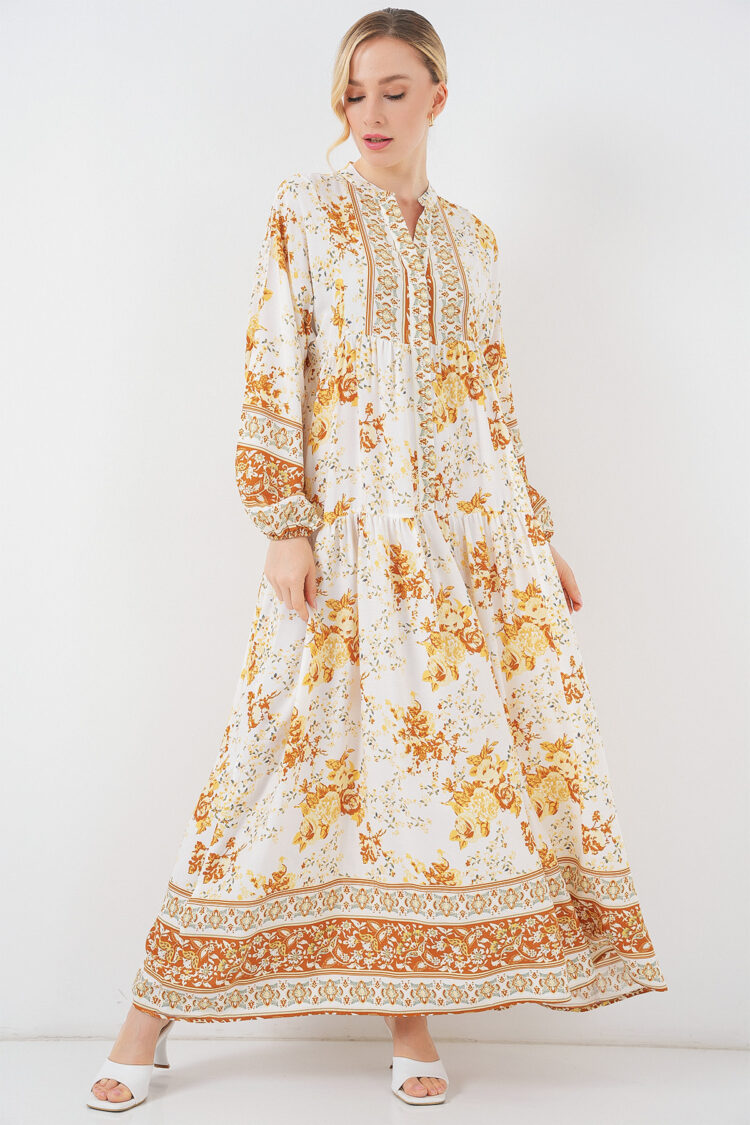 White Ethnic Smock Dress With Floral V-Neck