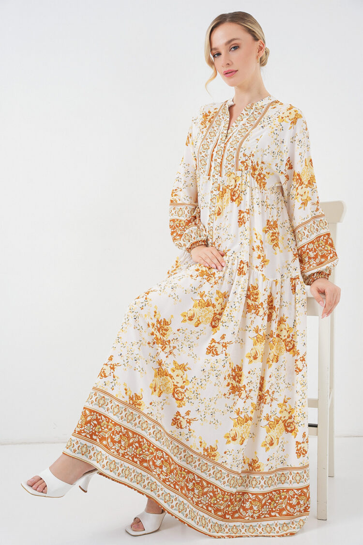 White Ethnic Smock Dress With Floral V-Neck
