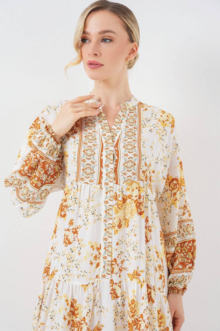 White Ethnic Smock Dress With Floral V-Neck