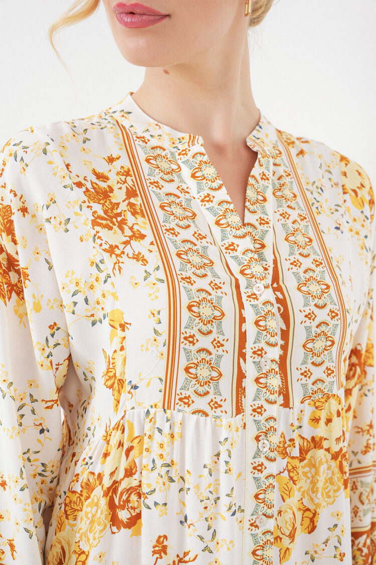 White Ethnic Smock Dress With Floral V-Neck