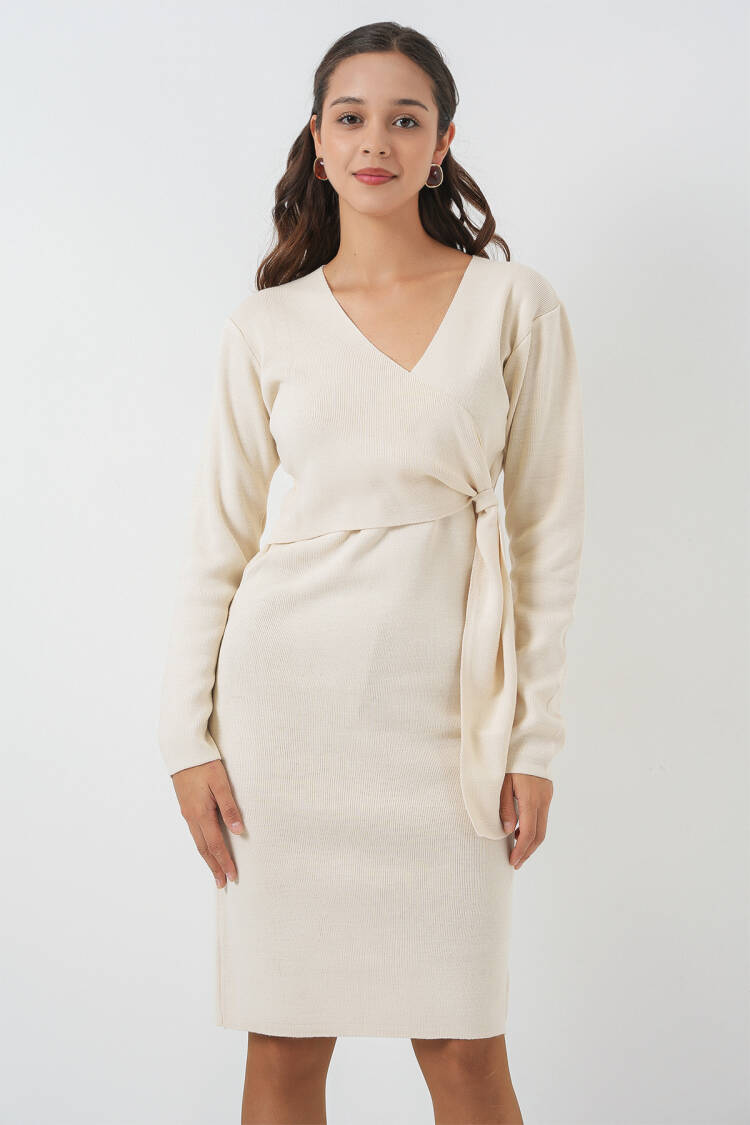 Elegant Beige Wrap Dress With V-Neck And Long Sleeves - Brand: Bigdart - Women & Kids, Baby Clothes Wholesale - Globality Store
