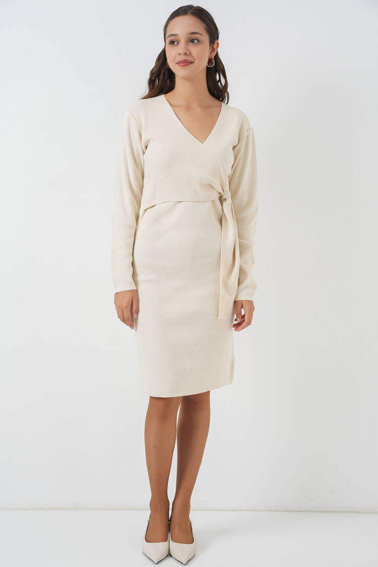 Elegant Beige Wrap Dress With V-Neck And Long Sleeves