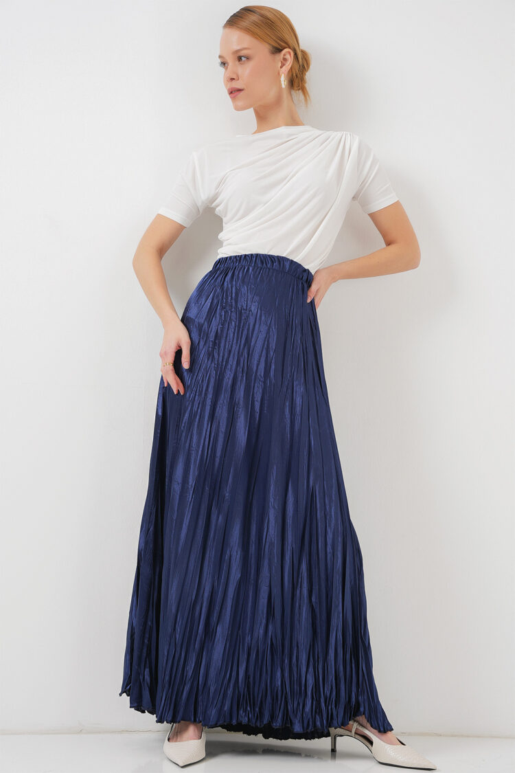 NavyPleated Maxi Skirt With High Waist